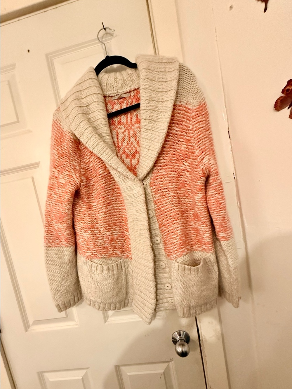 Cozy Shawl Collar Knit Cardigan - Cream and Coral Pink Mohair/Wool Blend